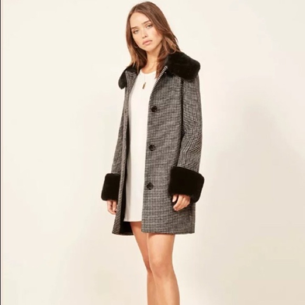 Reformation Lucille houndstooth coat with faux fur